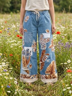 Upcycled Patchwork Drapey Draw Cord  Wide leg Chambray Denim Pant Sz:4 By